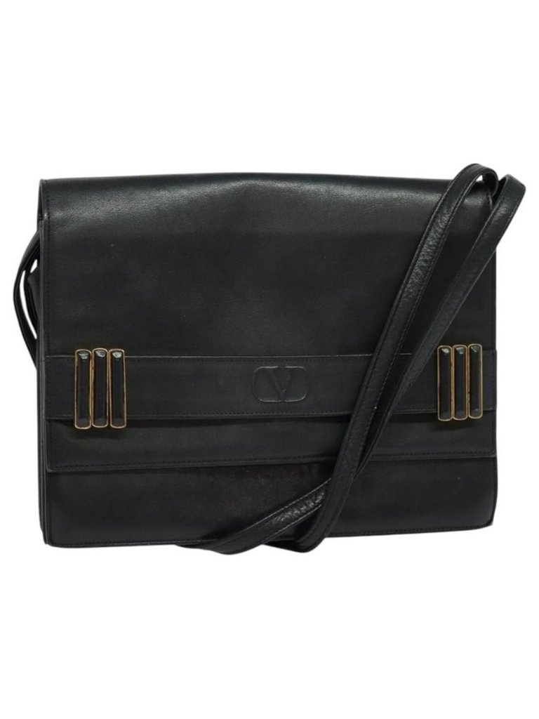 Authentic Valentino Shoulder Bag Leather Navy Gold